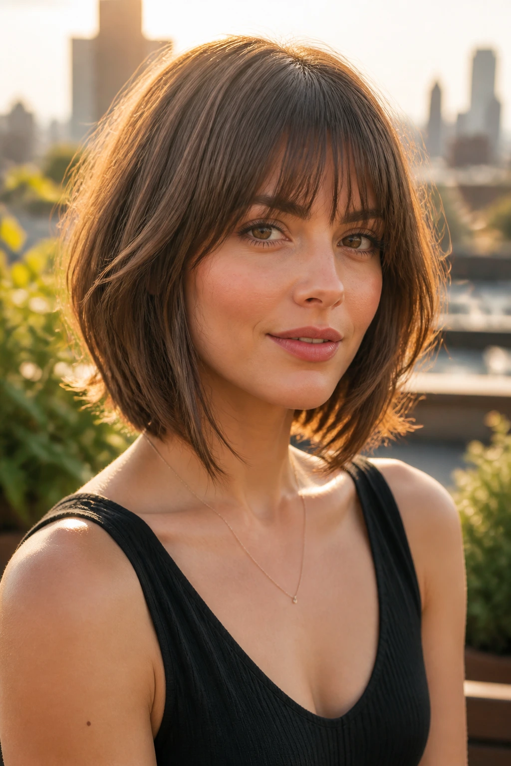 Real woman with bottleneck bang bob and soft layers in golden hour light