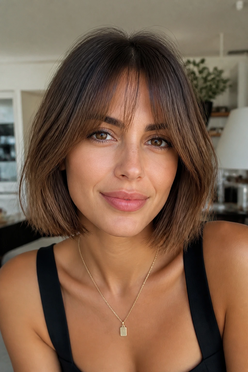 Face-on portrait of a woman with bottleneck bangs and bob