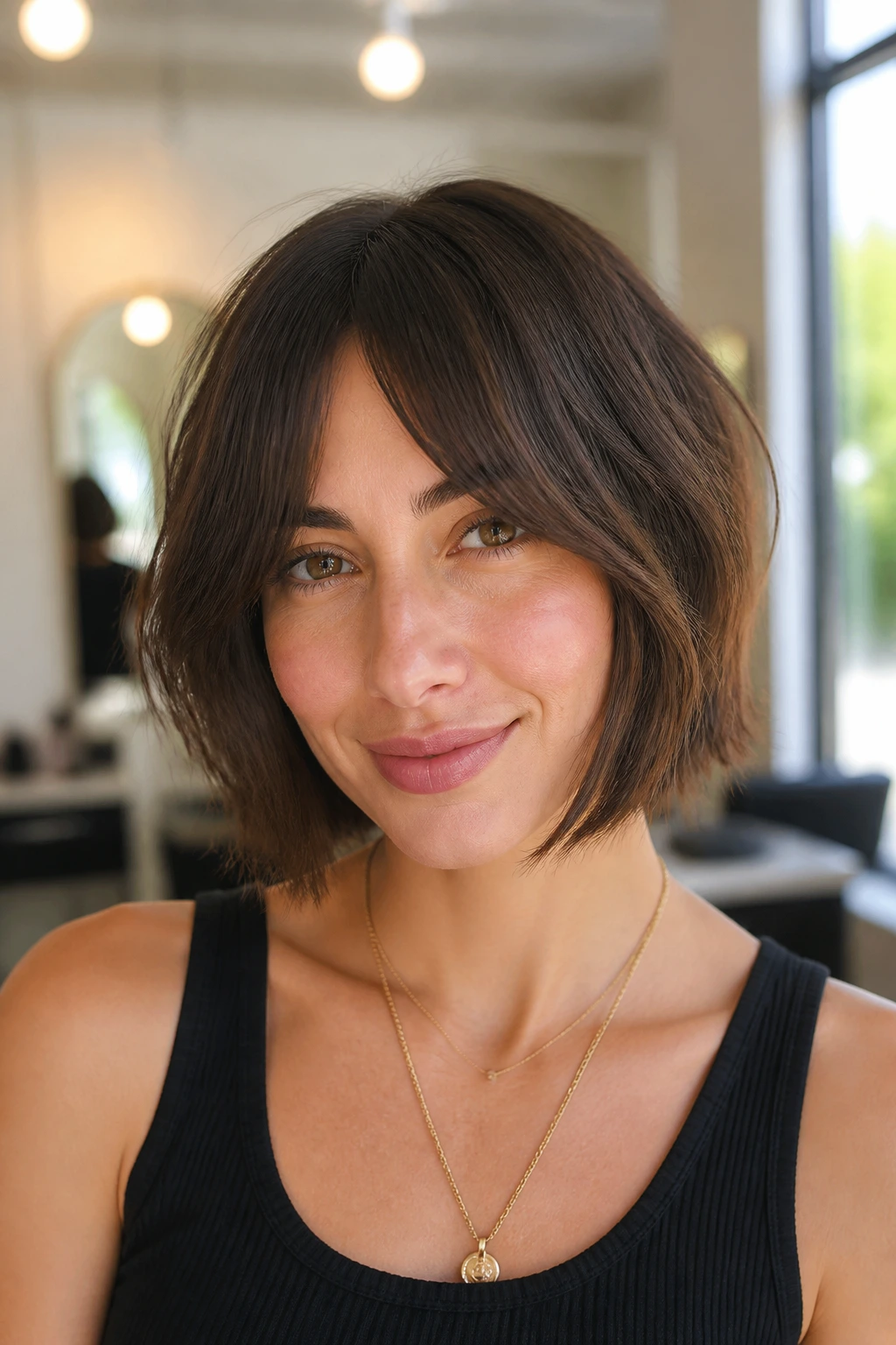 Close-up portrait of a real woman with bottleneck bangs and bob