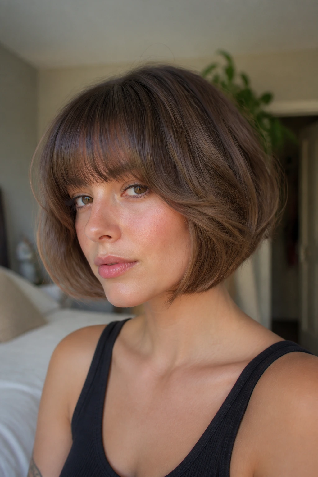 Close-up portrait of a real woman with bottleneck bangs and a rounded bob under warm window light.