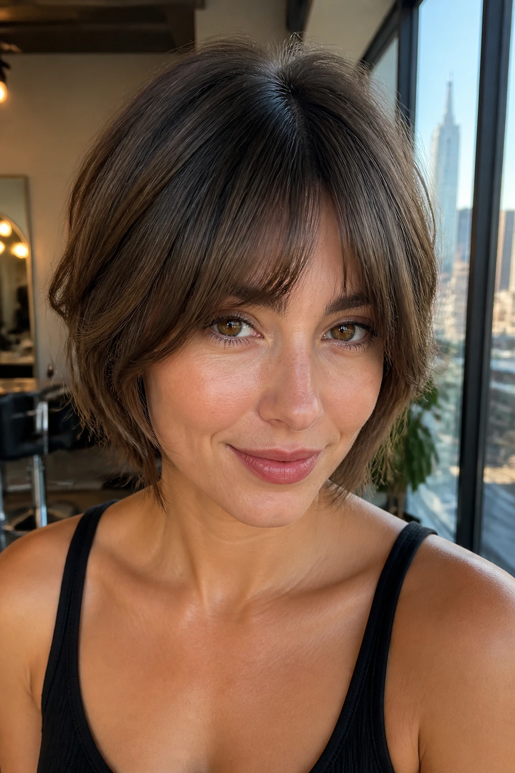 Close-up of bottleneck bangs on real woman with soft fringe