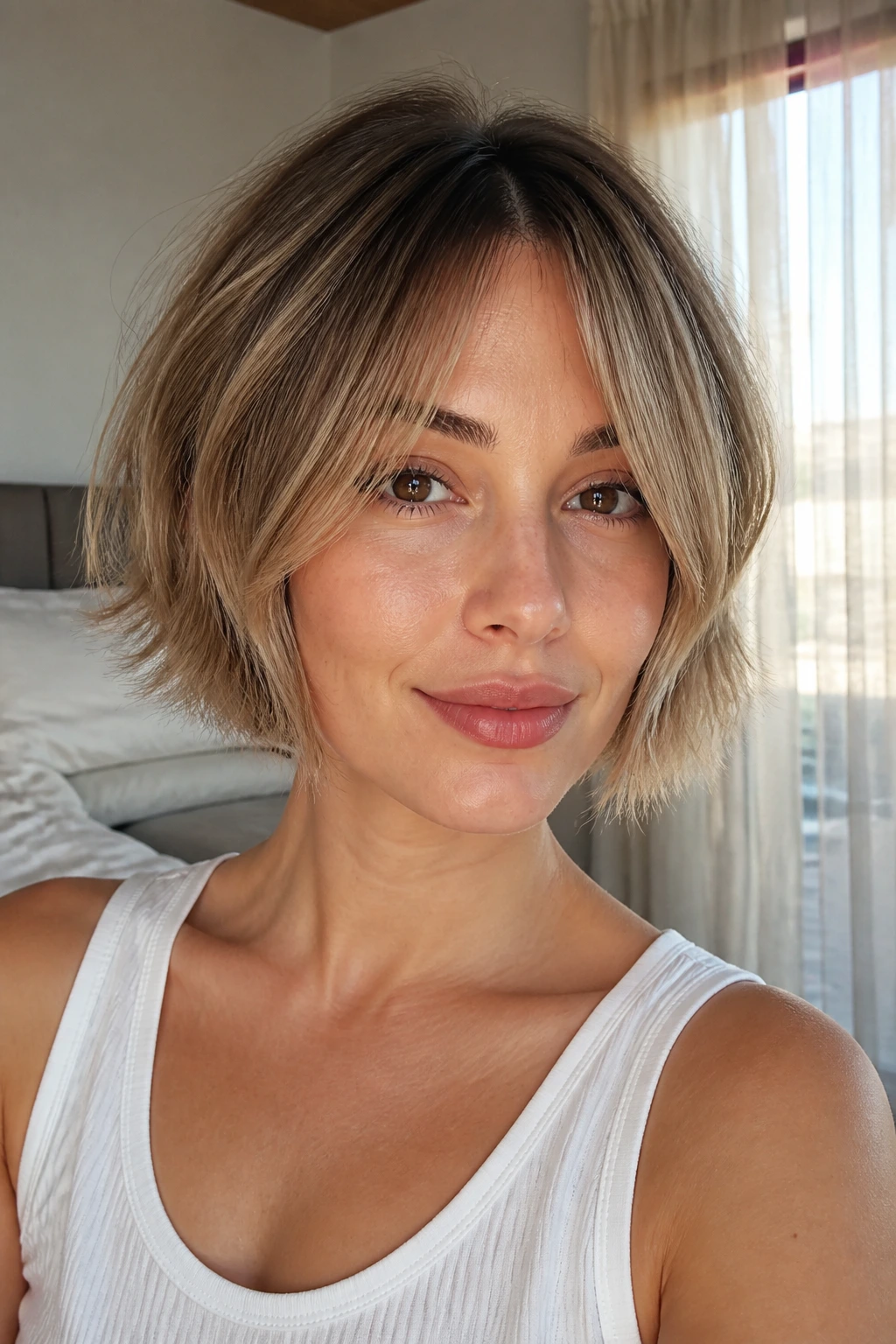 Portrait of a real woman with bottleneck bangs opening to the sides
