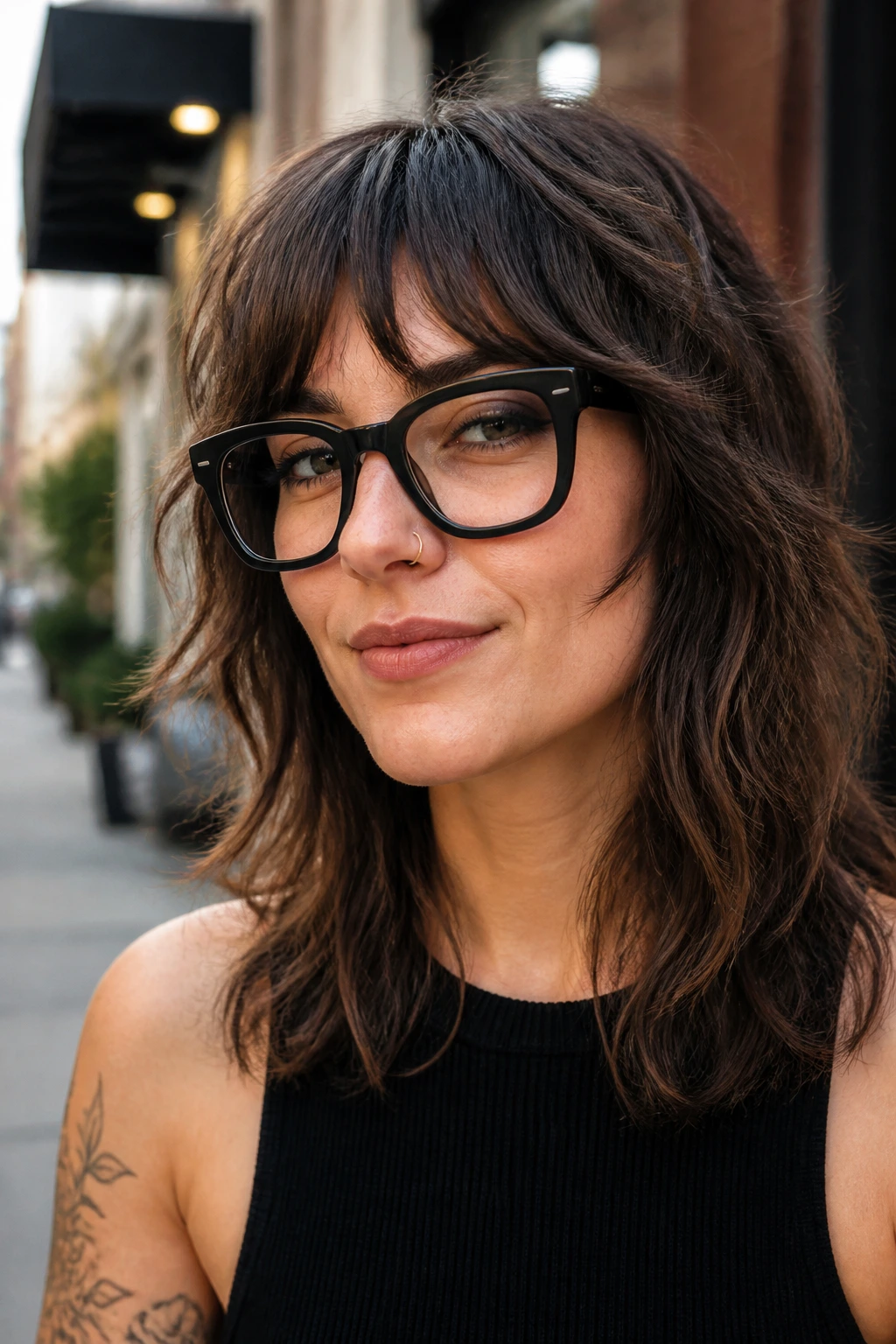 Real woman with bottleneck bangs in a bold-frame shag