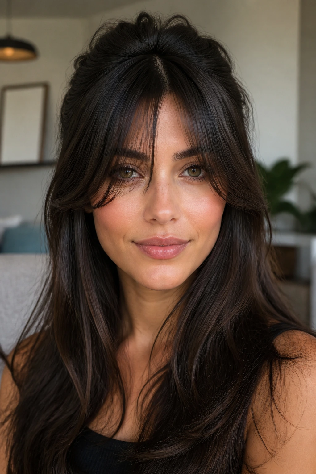 Close-up of a real woman with butterfly-cut bottleneck bangs and crown lift