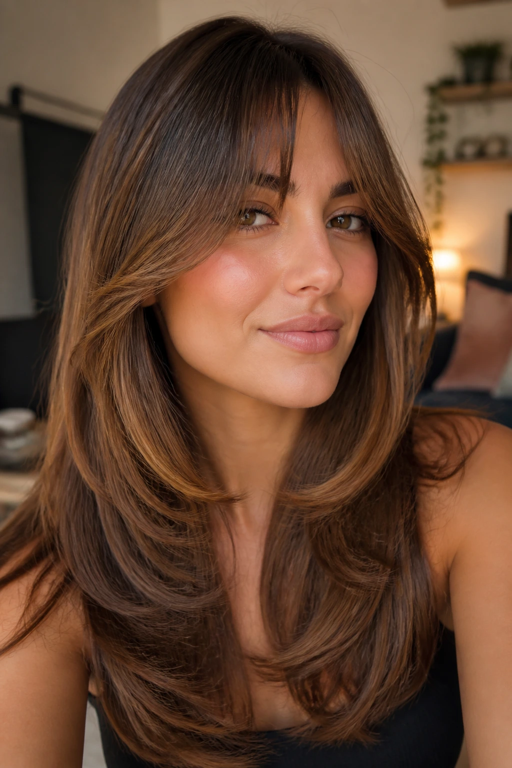 Portrait of a woman with bottleneck bangs and butterfly layers