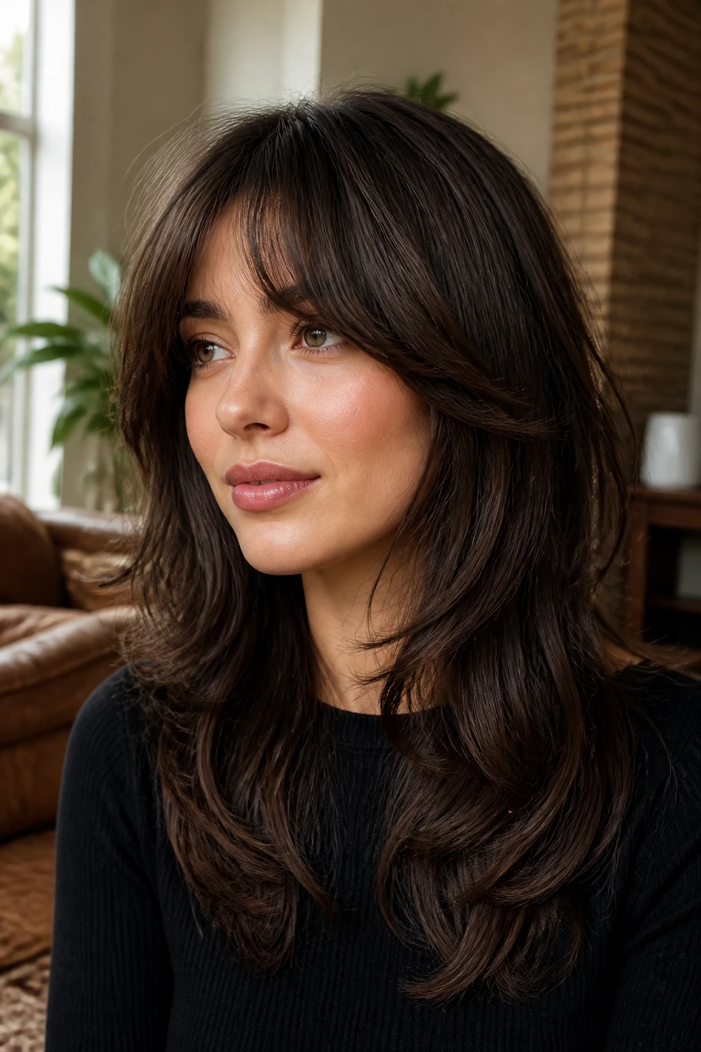 Close-up portrait of a real woman with bottleneck bangs blending into a butterfly shag.