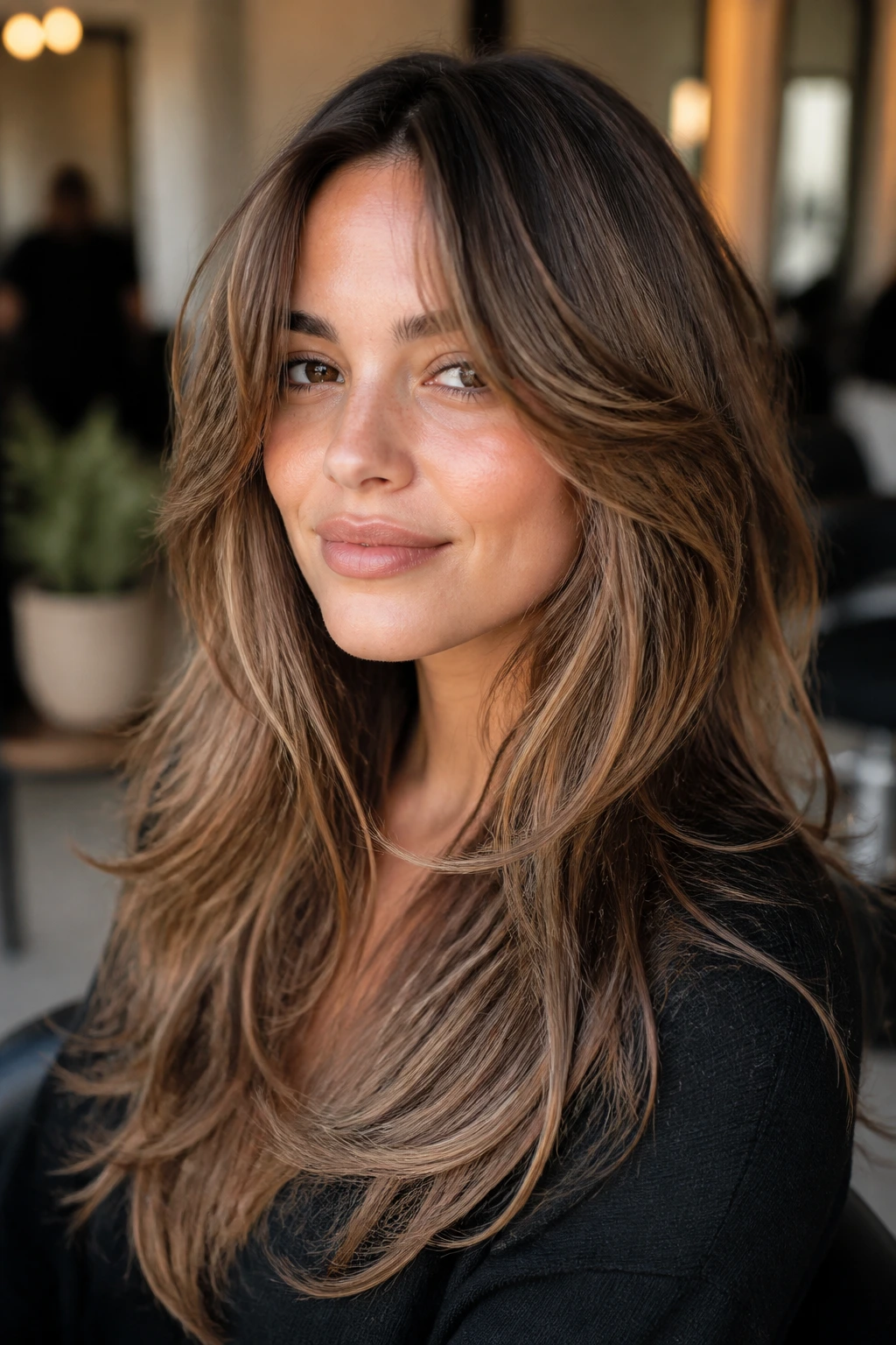 Close-up portrait of a real woman with bottleneck bangs and cascading layers framing her face in warm light