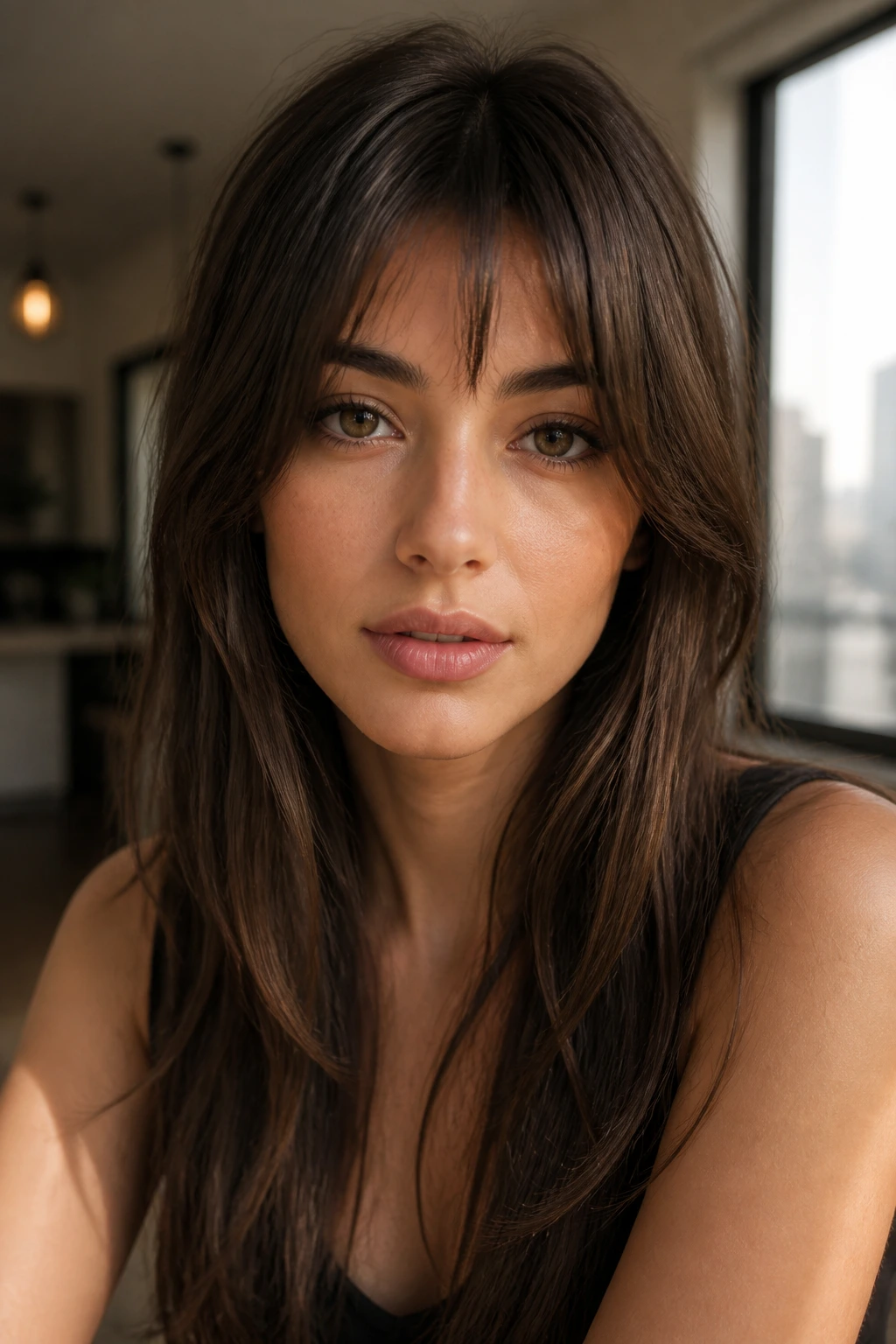 Close-up of a real woman with bottleneck bangs and a shorter center point