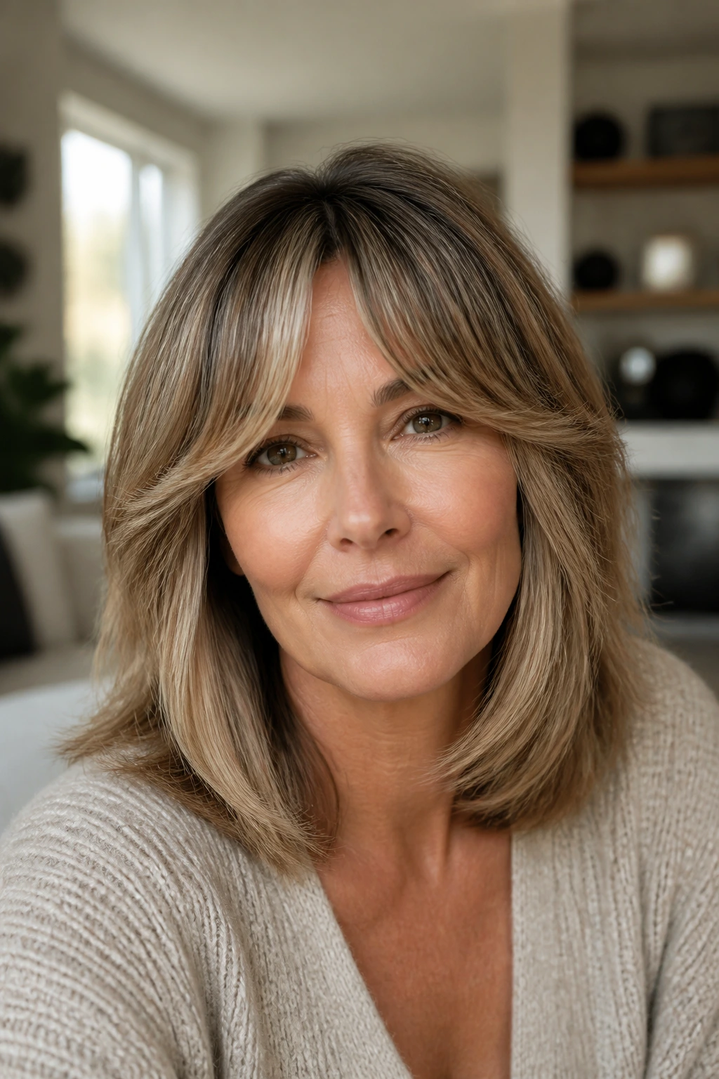 Close-up portrait of a real woman with bottleneck bangs and a narrow center.