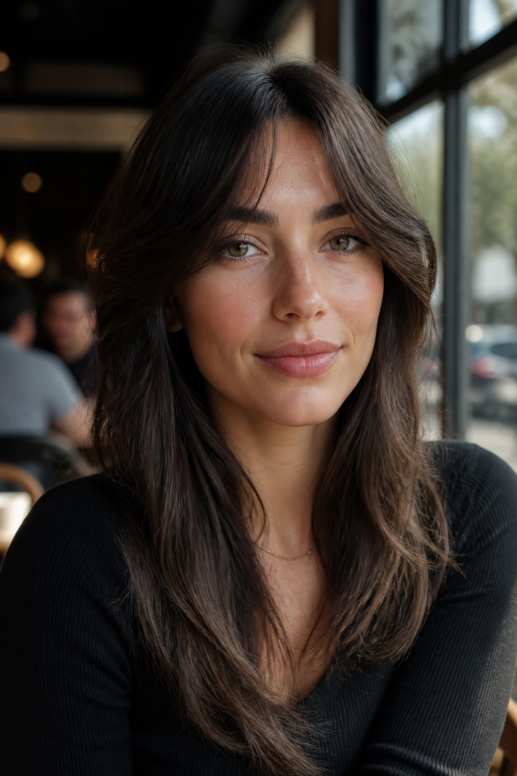 Close-up of bottleneck bangs with narrow center and cheekbone edges.