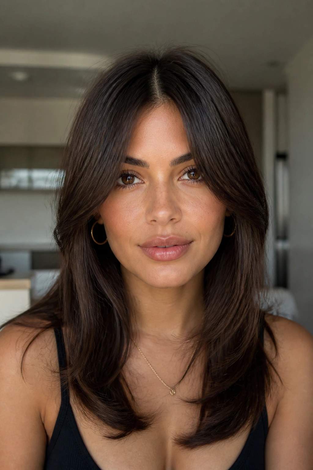 Close-up of a real person with sleek center-part bottleneck bangs under soft window light