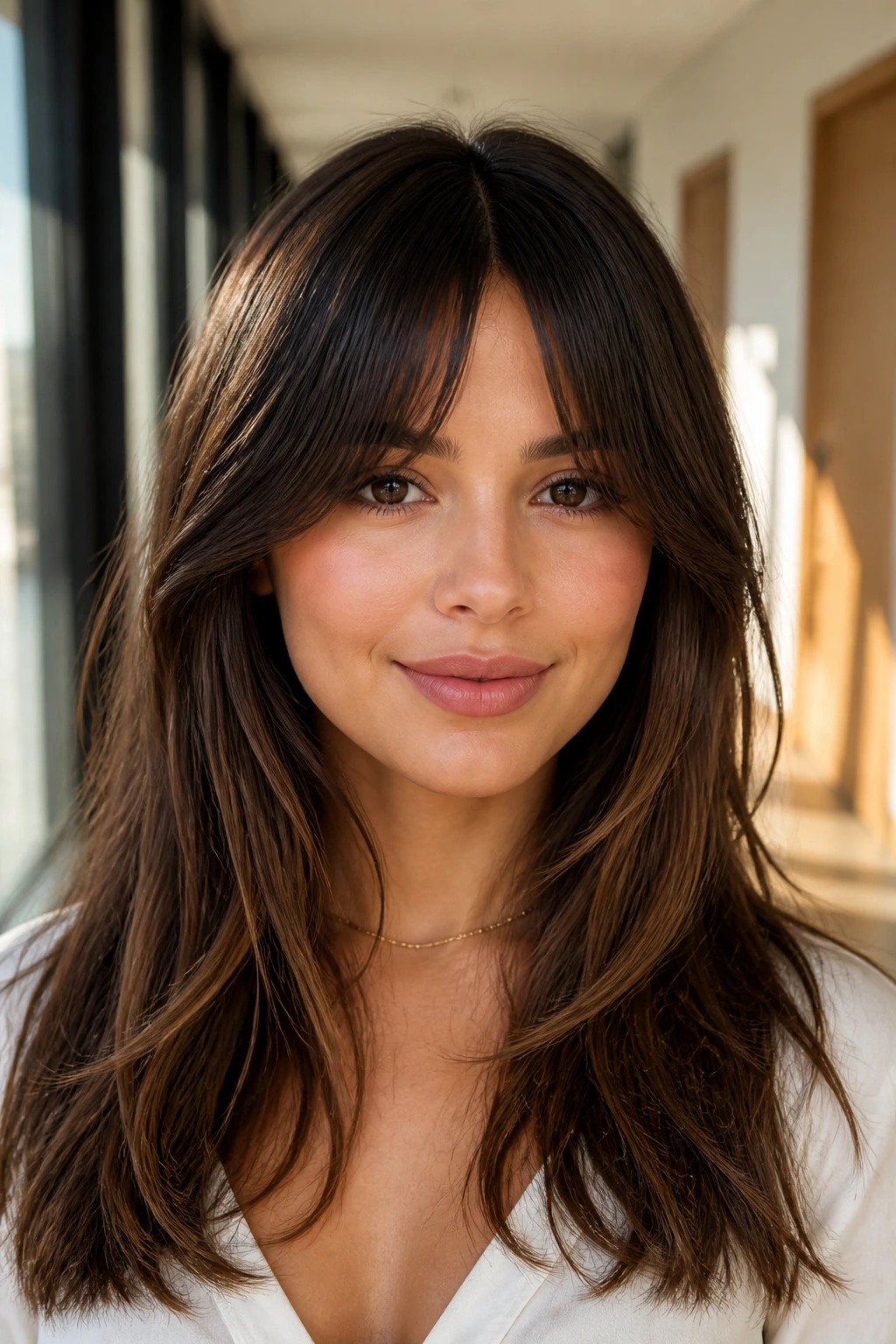 Portrait of a real woman with bottleneck bangs centered at the top and wider sides