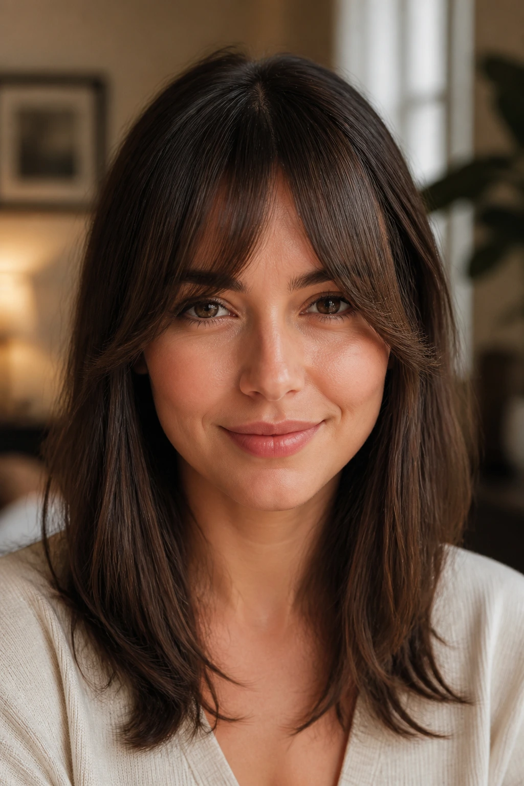 Close-up of bottleneck bangs with a narrow center and wider sides on a real woman