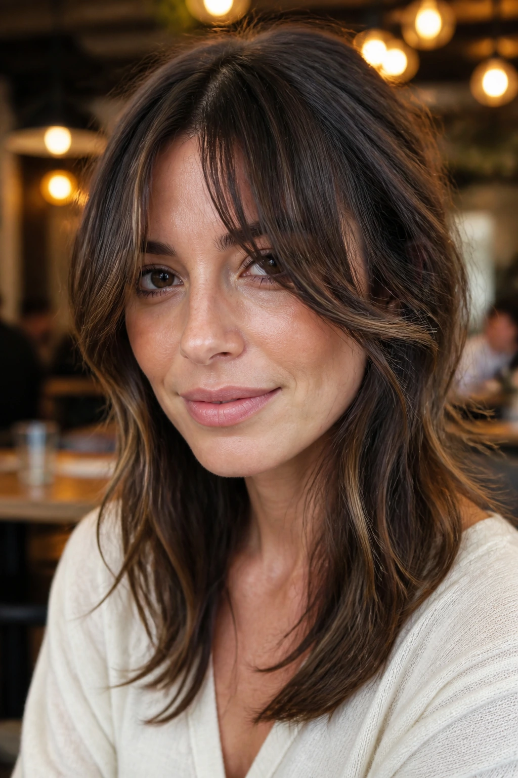 Portrait of a woman with bottleneck bangs and a soft center split.