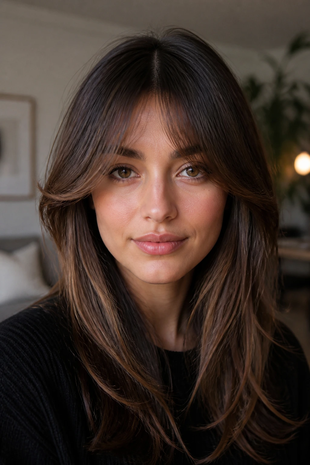 Portrait of a real woman with bottleneck bangs centered narrow, temples open