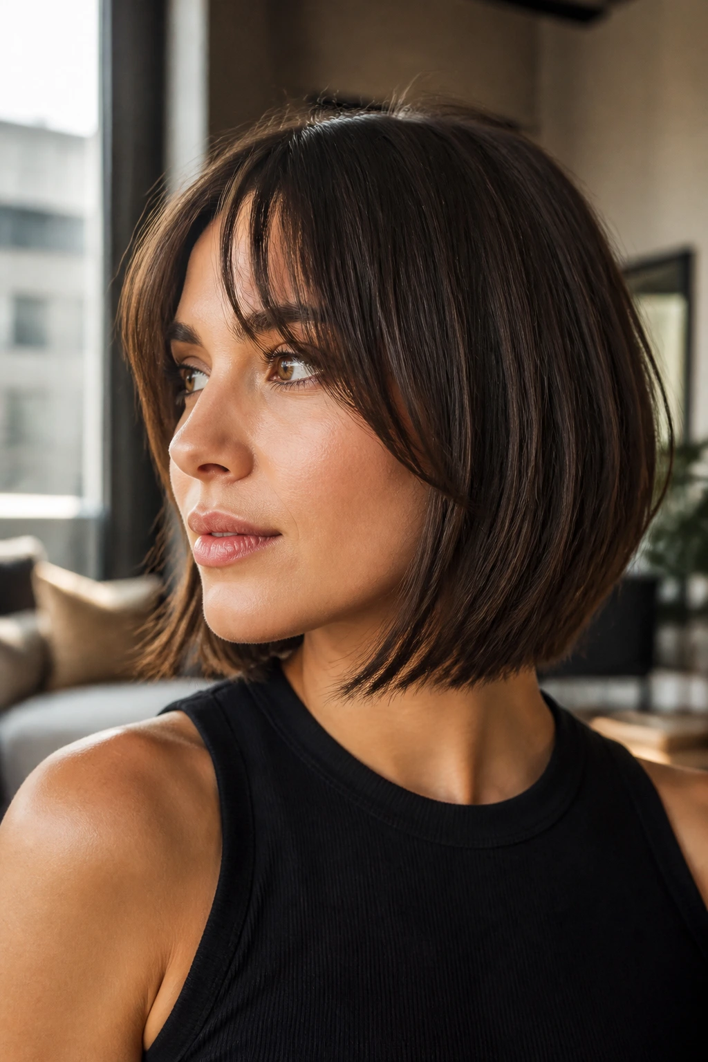 Real woman with chin-length bob and bottleneck bangs