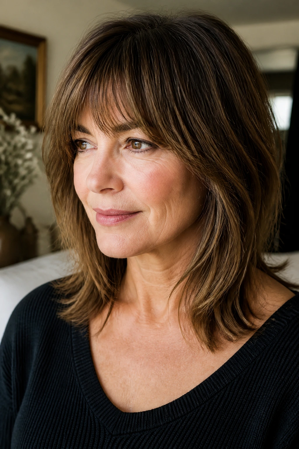 Close-up of a real woman with bottleneck bangs and collarbone-length layers