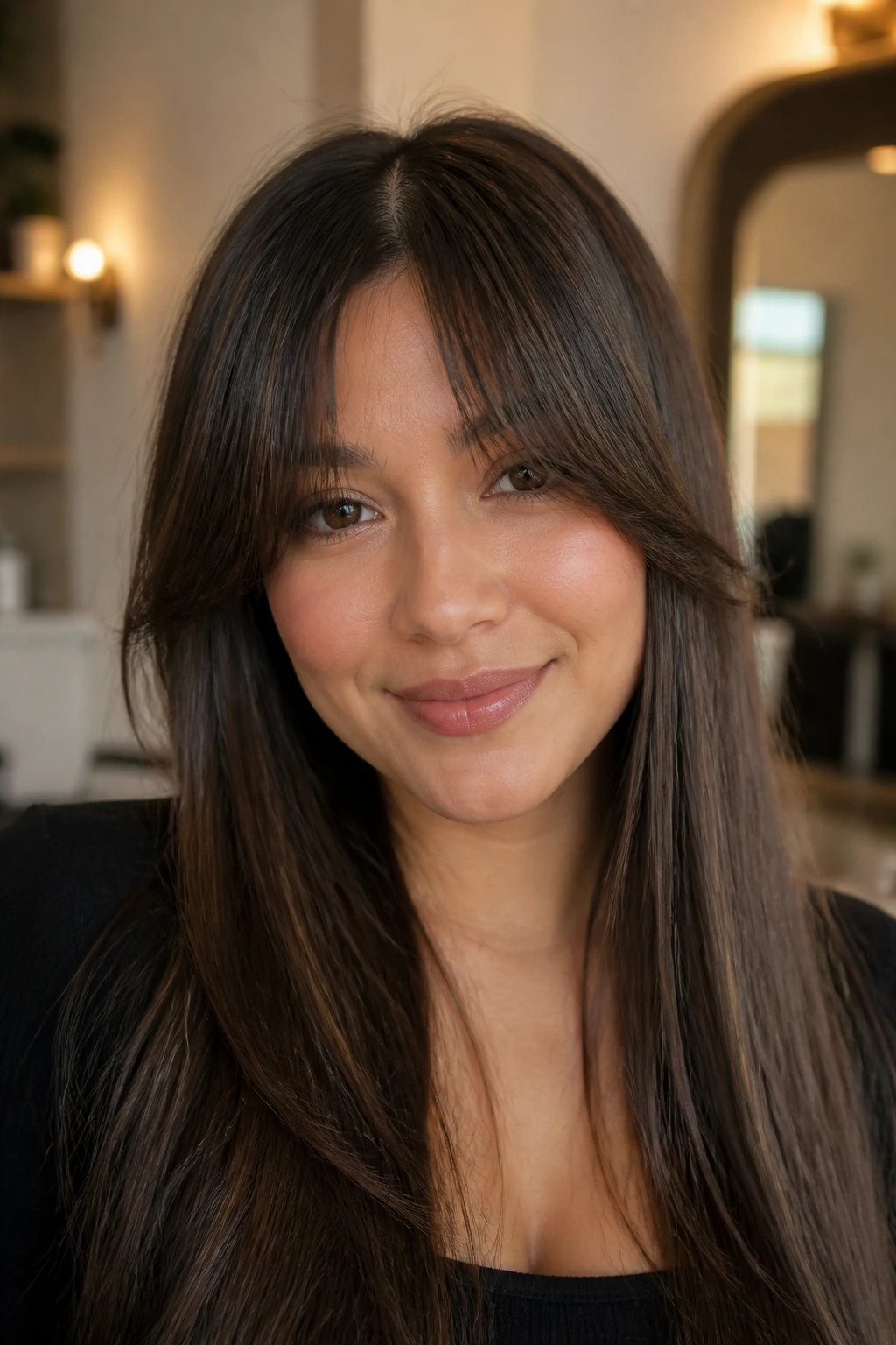 Close-up of a real woman with cowlick-friendly bottleneck bangs in natural light