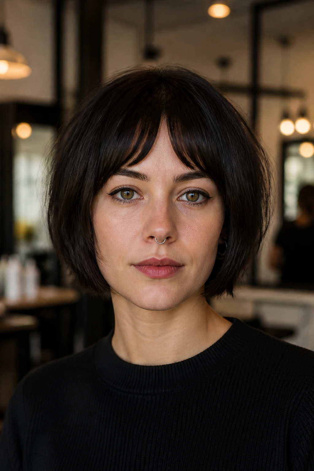 Close-up portrait of bottleneck bangs on a cropped bob with center-narrow fringe