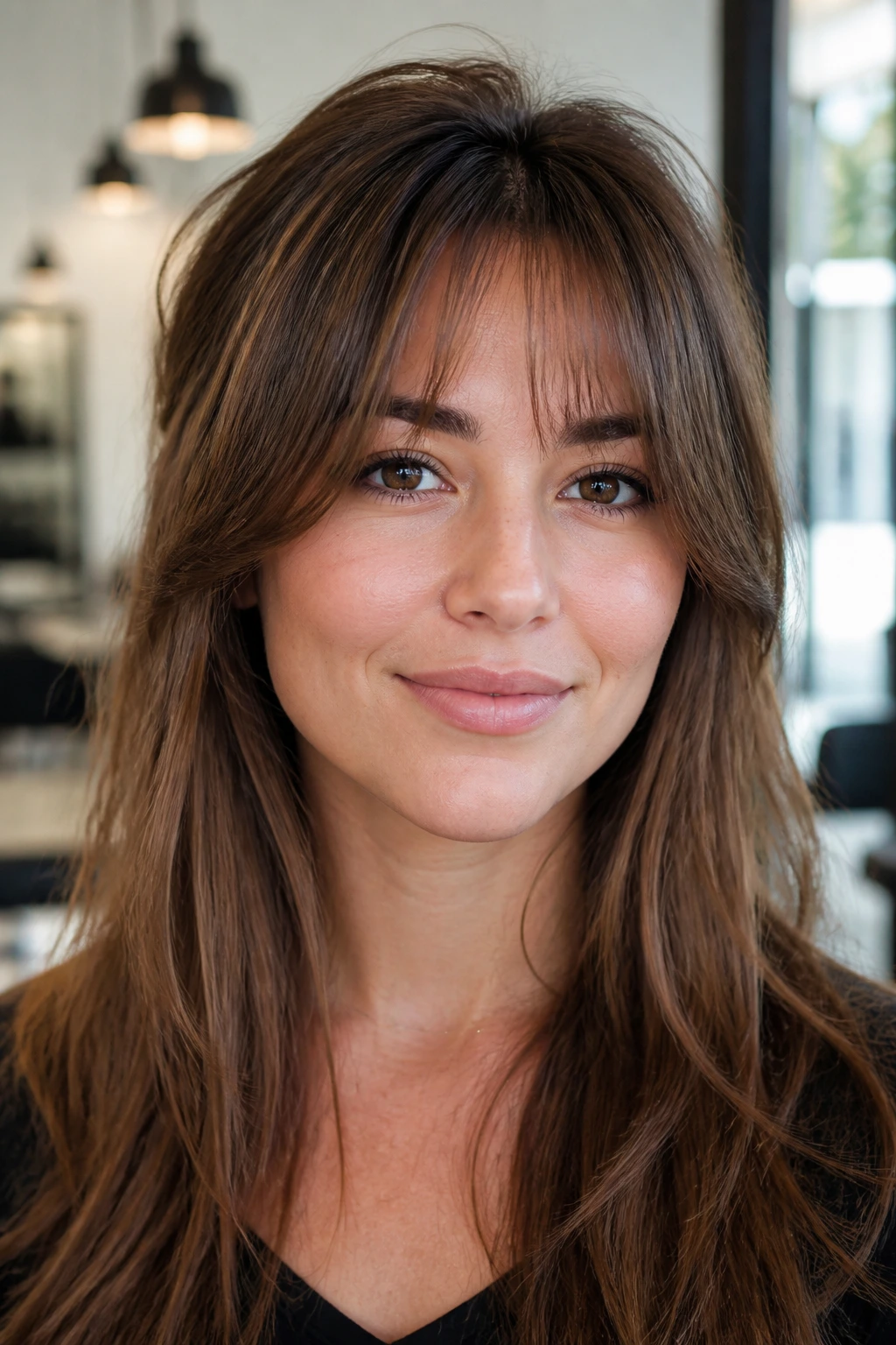 Close-up of a real woman with crown-lift bottleneck bangs and lifted crown