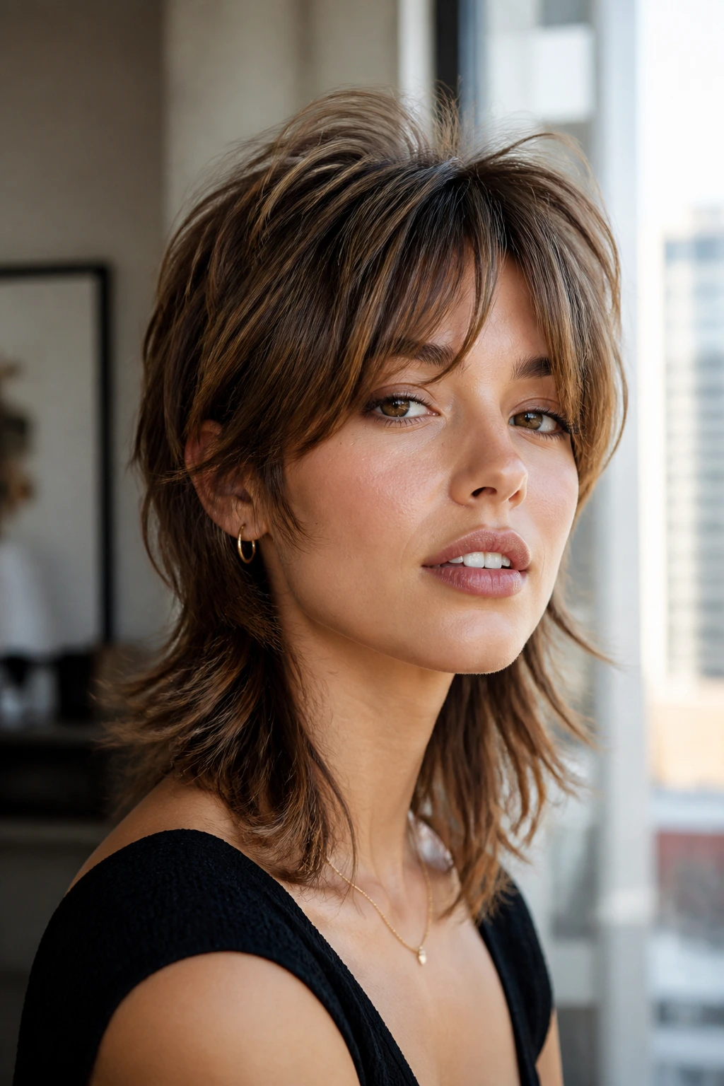 Close-up portrait of a real person with bottleneck bangs and crown-volume mullet