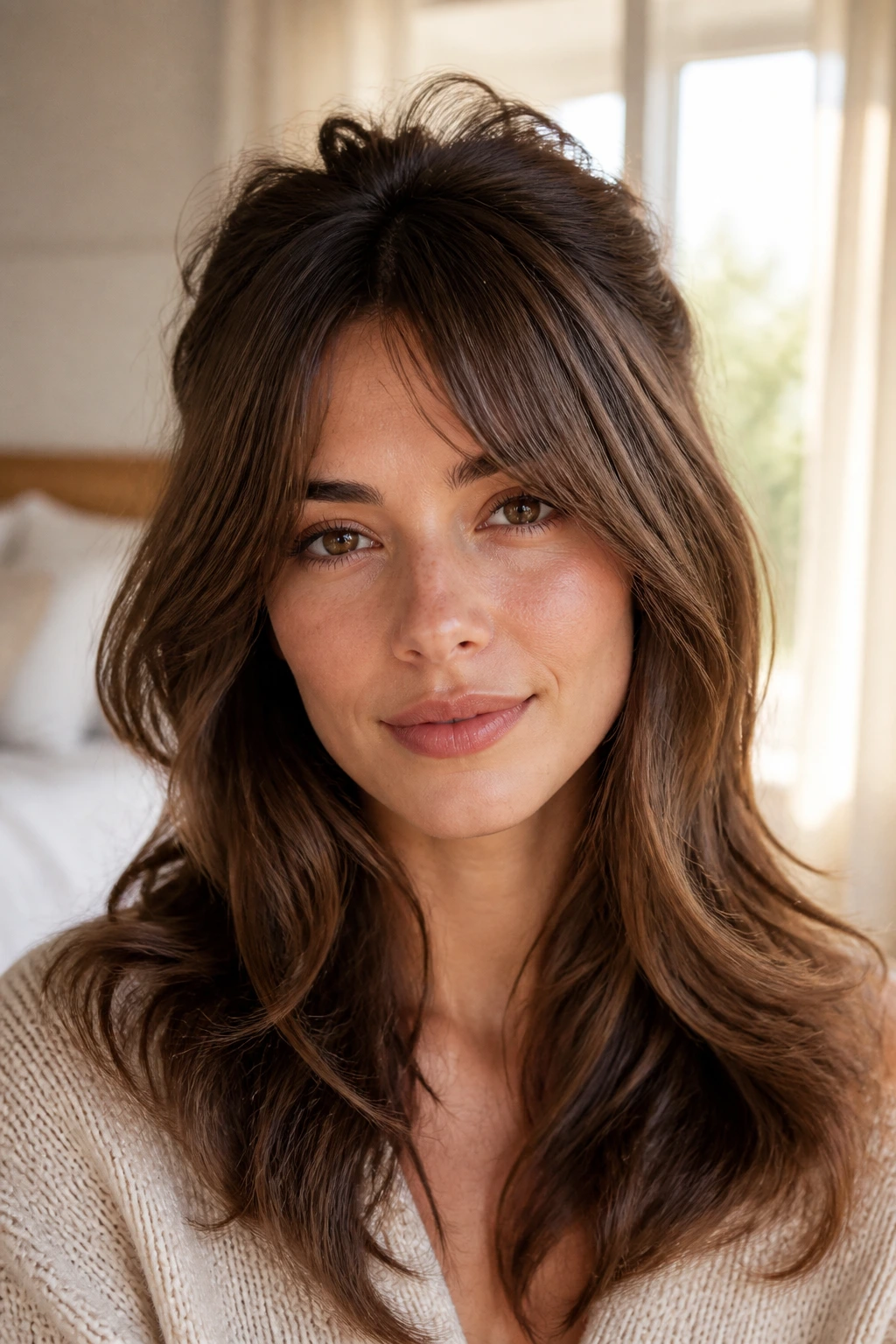 Close-up of a woman with crown-volume bottleneck bangs in warm natural light