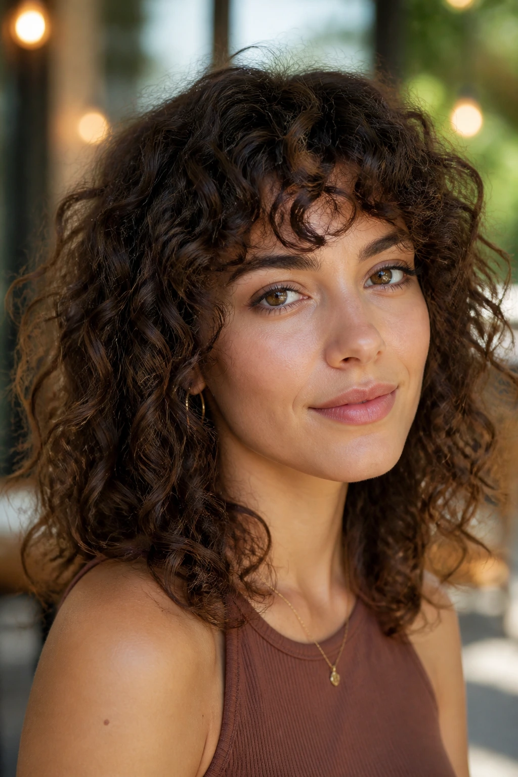Real person with bottleneck bangs demonstrating curl-safe cutting plan in a salon.