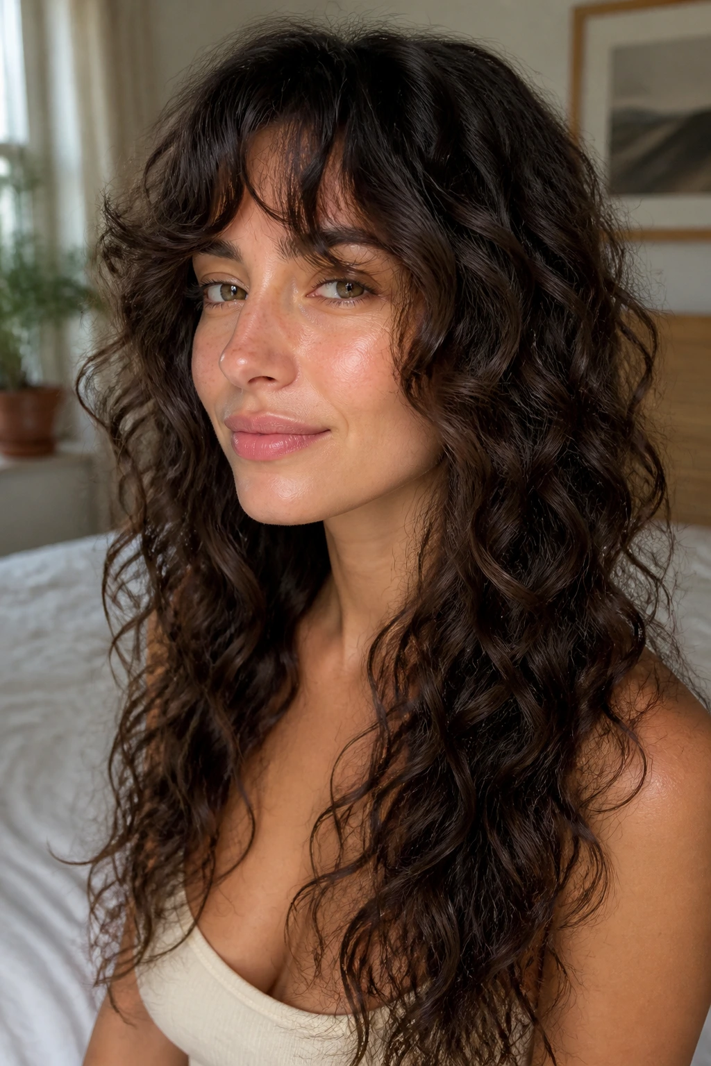 Close-up portrait of bottleneck bangs with long curls on a real woman, natural window light.