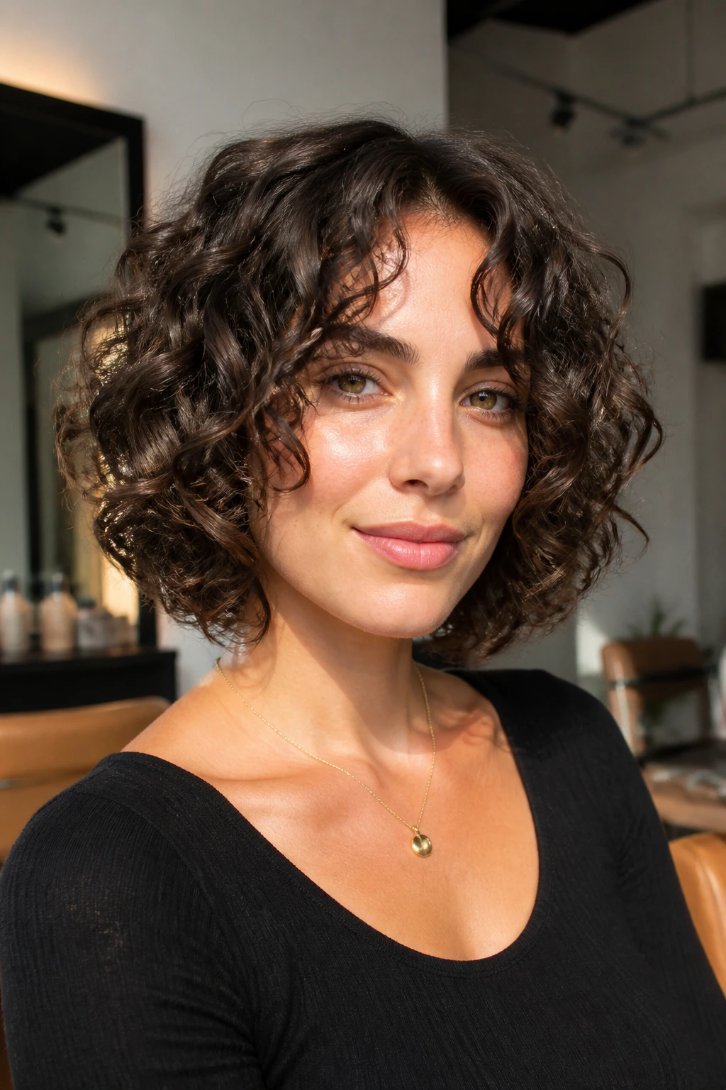 Portrait of a real person with bottleneck bangs on a curly bob