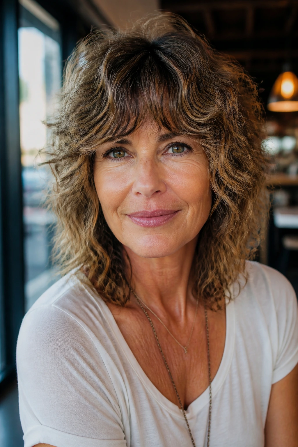Portrait of woman with bottleneck bangs and curly shag in warm cafe light