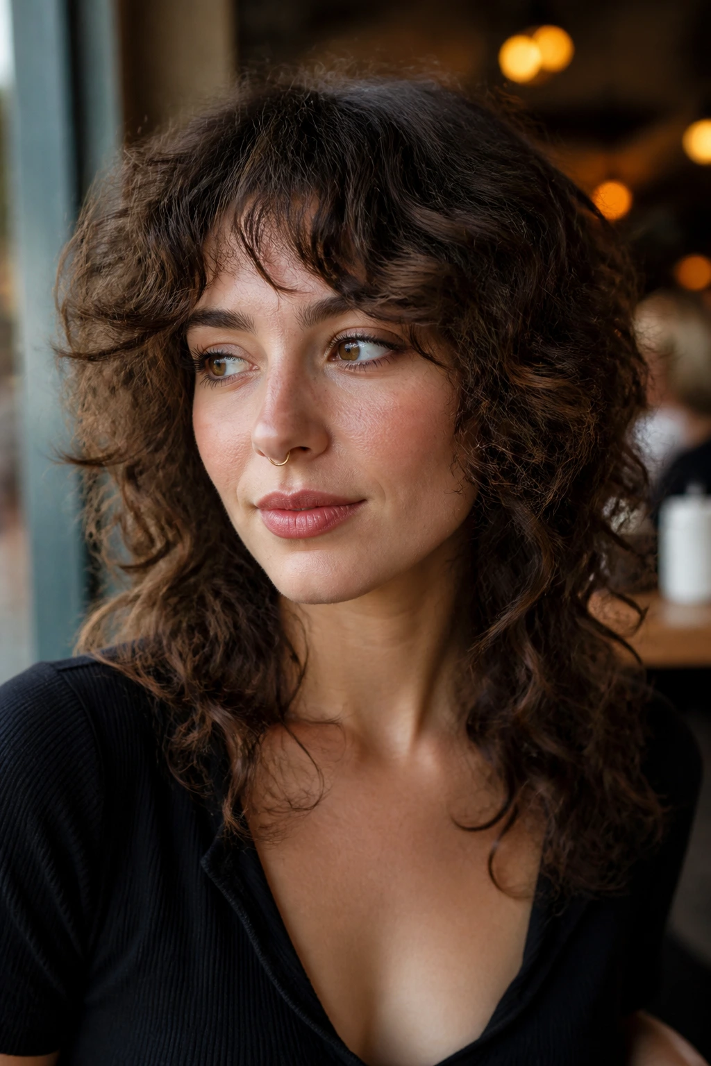 Close-up of a real woman with bottleneck bangs and soft curly shag