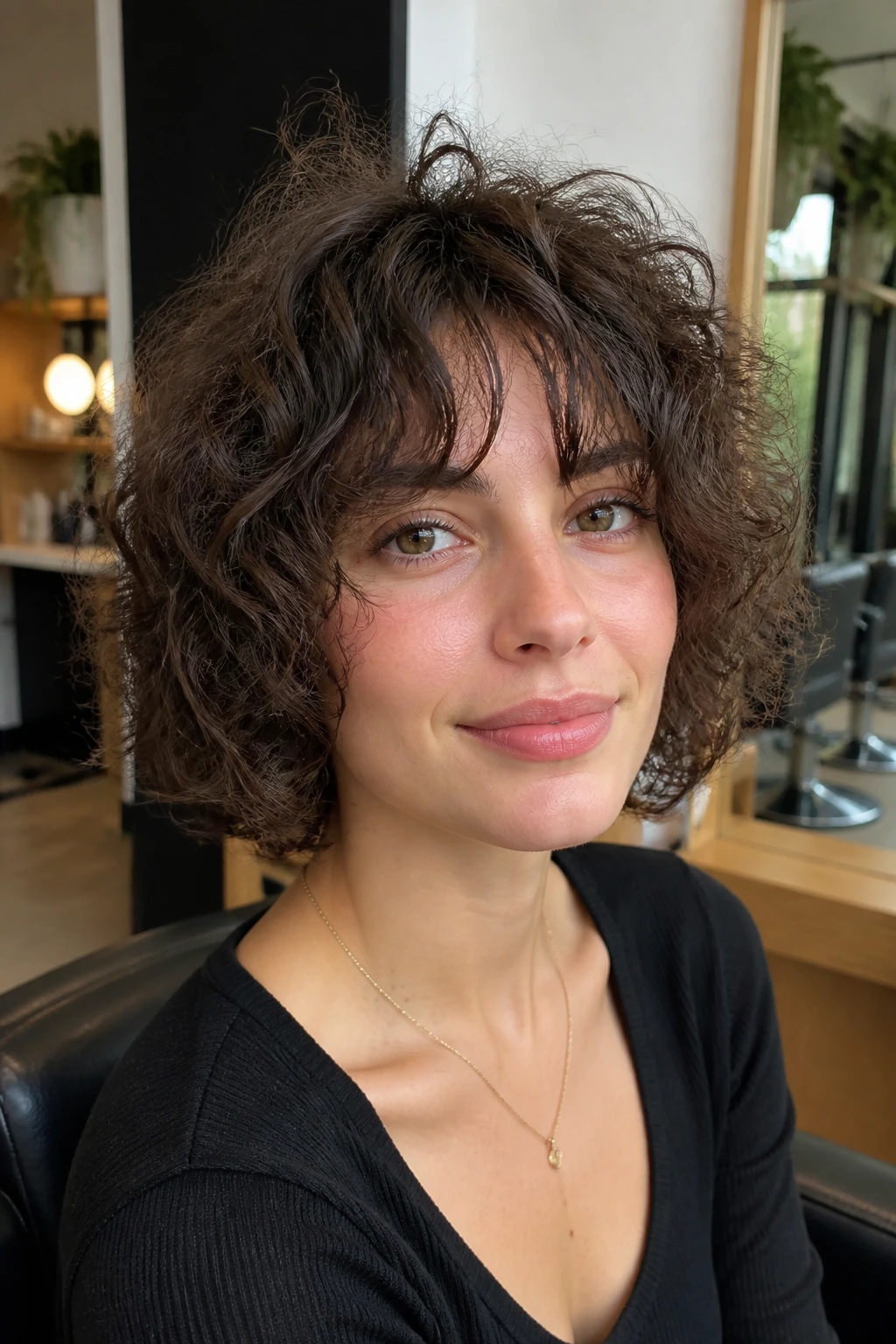 Close-up of a real person with bottleneck bangs curving outward