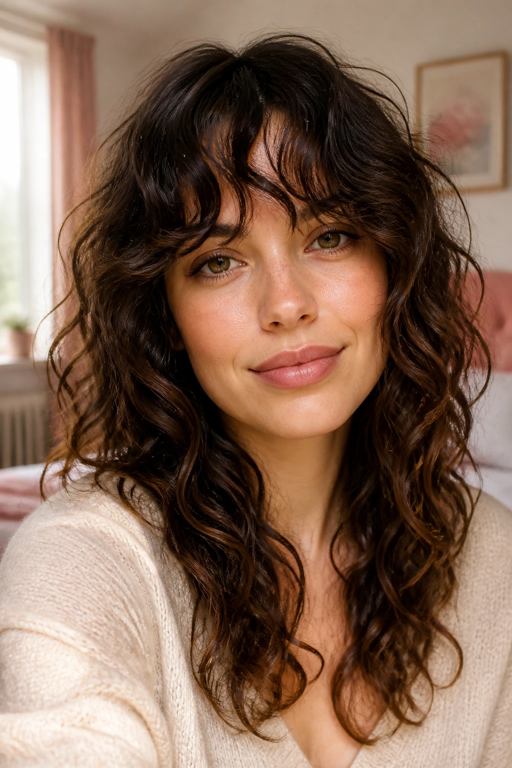 Portrait of a woman with bottleneck bangs and soft romantic curly shag.