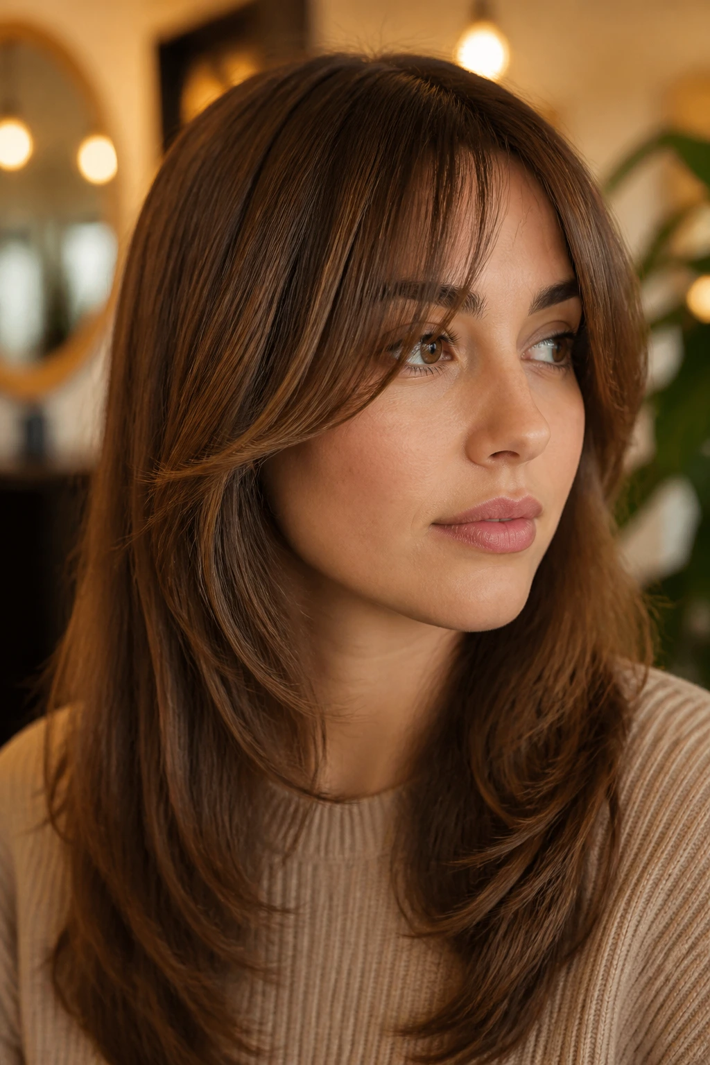 Portrait of a woman with bottleneck bangs softly framing the face