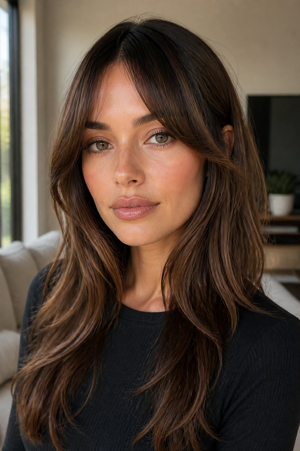 Close-up of a real woman with bottleneck bangs soft face framing