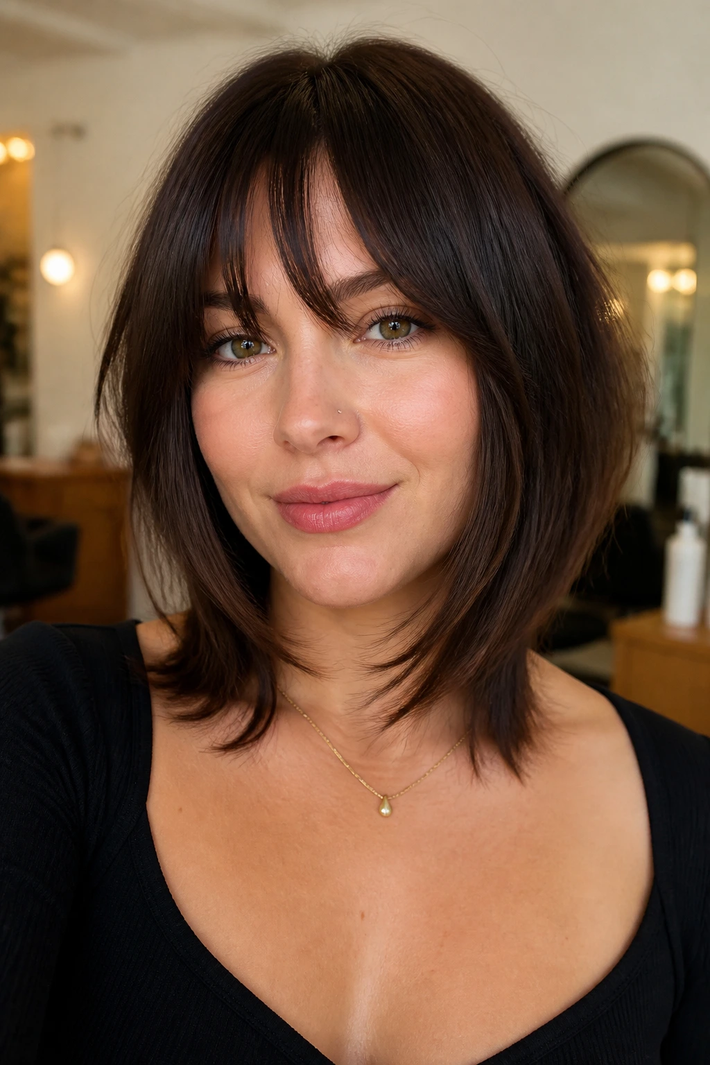 Close-up of a real woman with chin-start bottleneck bangs and face-framing layers