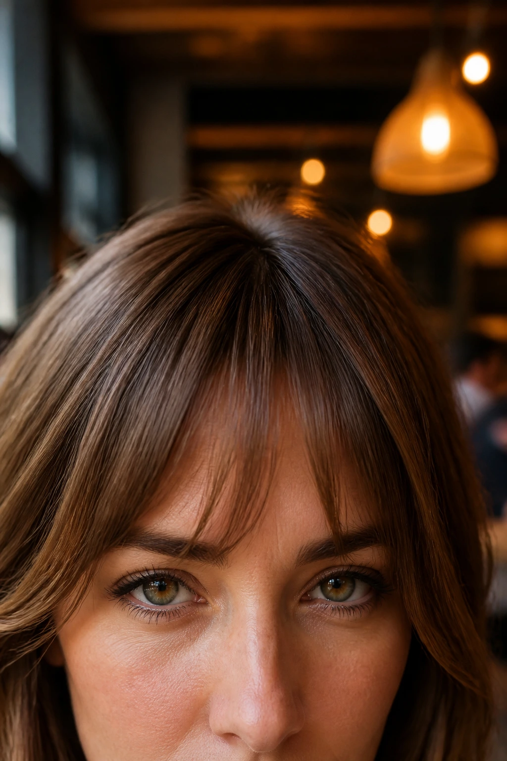 Real woman with bottleneck bangs blending into medium layers