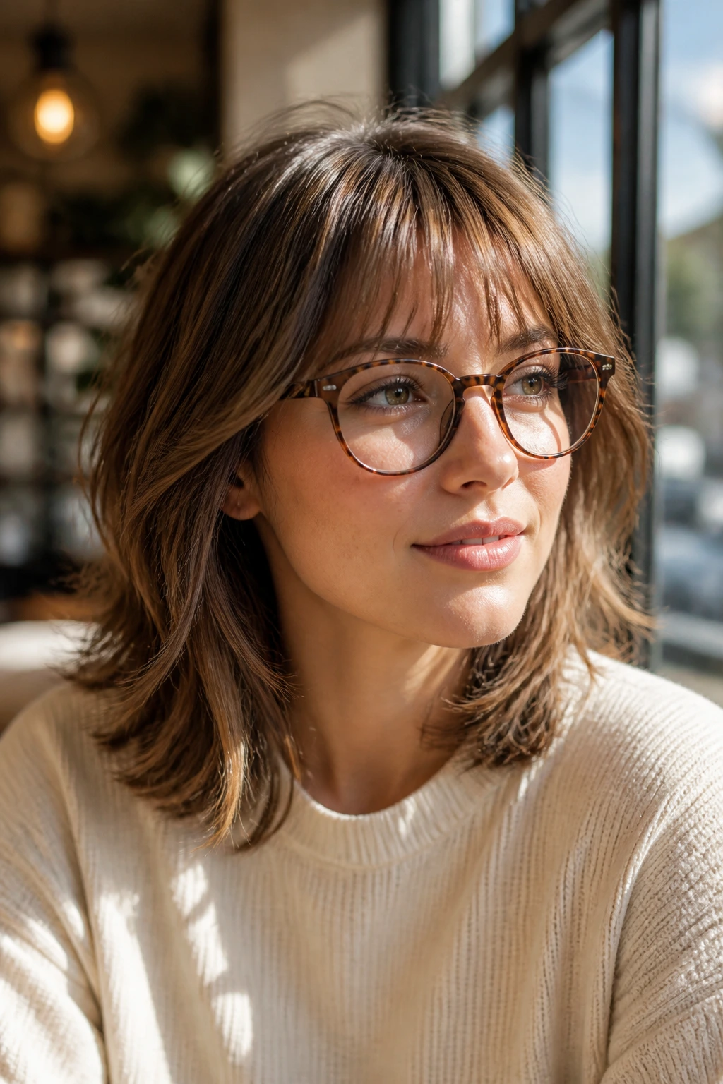 Close-up of woman with bottleneck bangs and feathered lob.