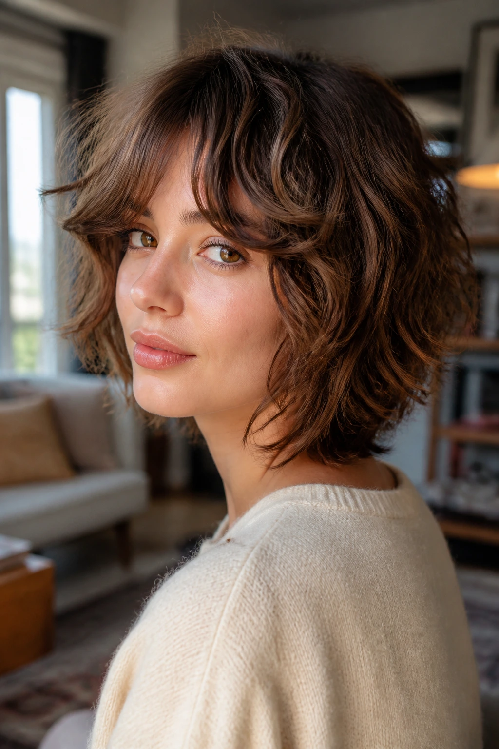 Close-up of bottleneck bangs on a real woman with soft waves in a warm living room