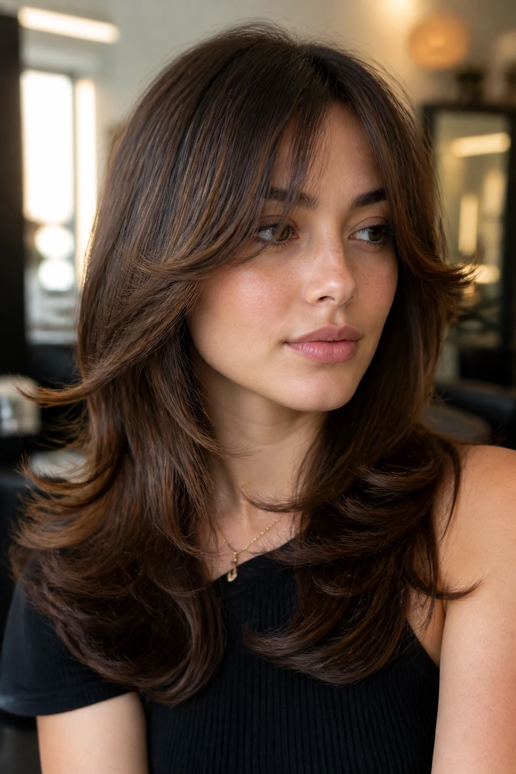 Close-up portrait of a real woman with bottleneck bangs and flicked-out ends