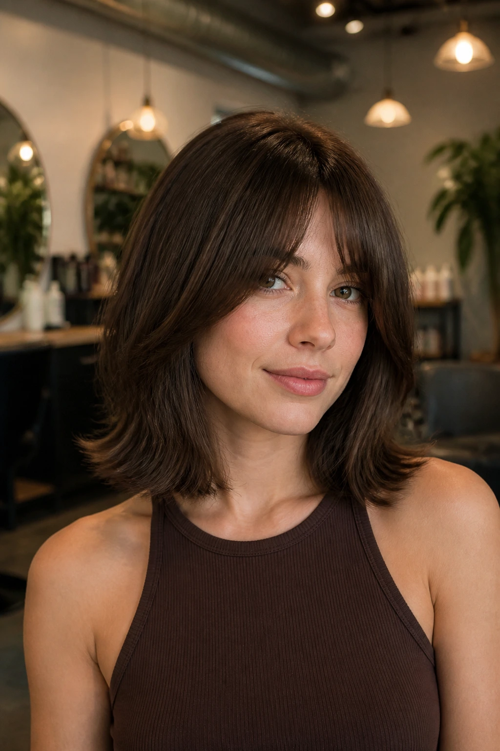 Portrait of a real woman with bottleneck bangs and flipped ends