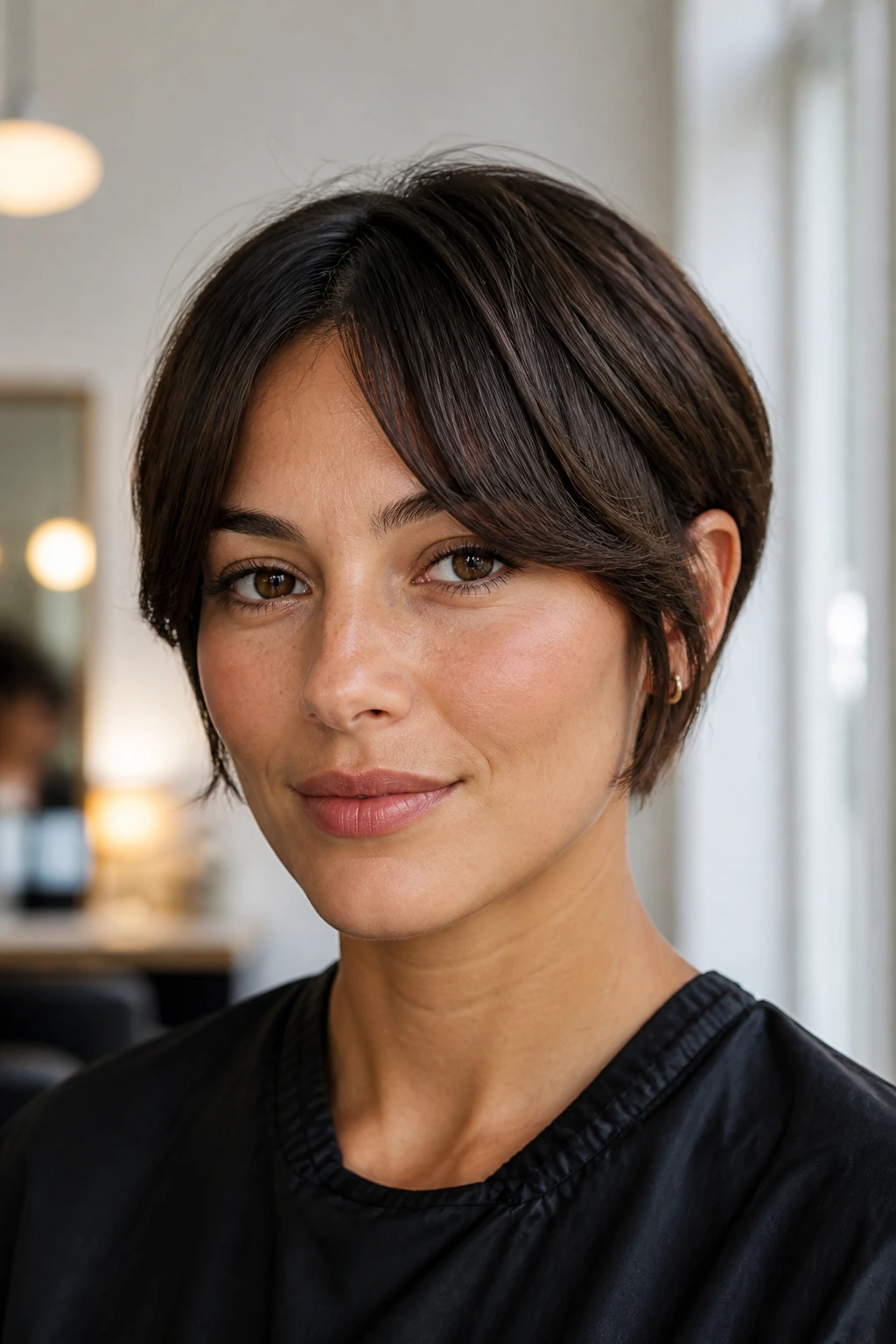 Close-up of a real person with bottleneck bangs framing the forehead in a soft salon setting.