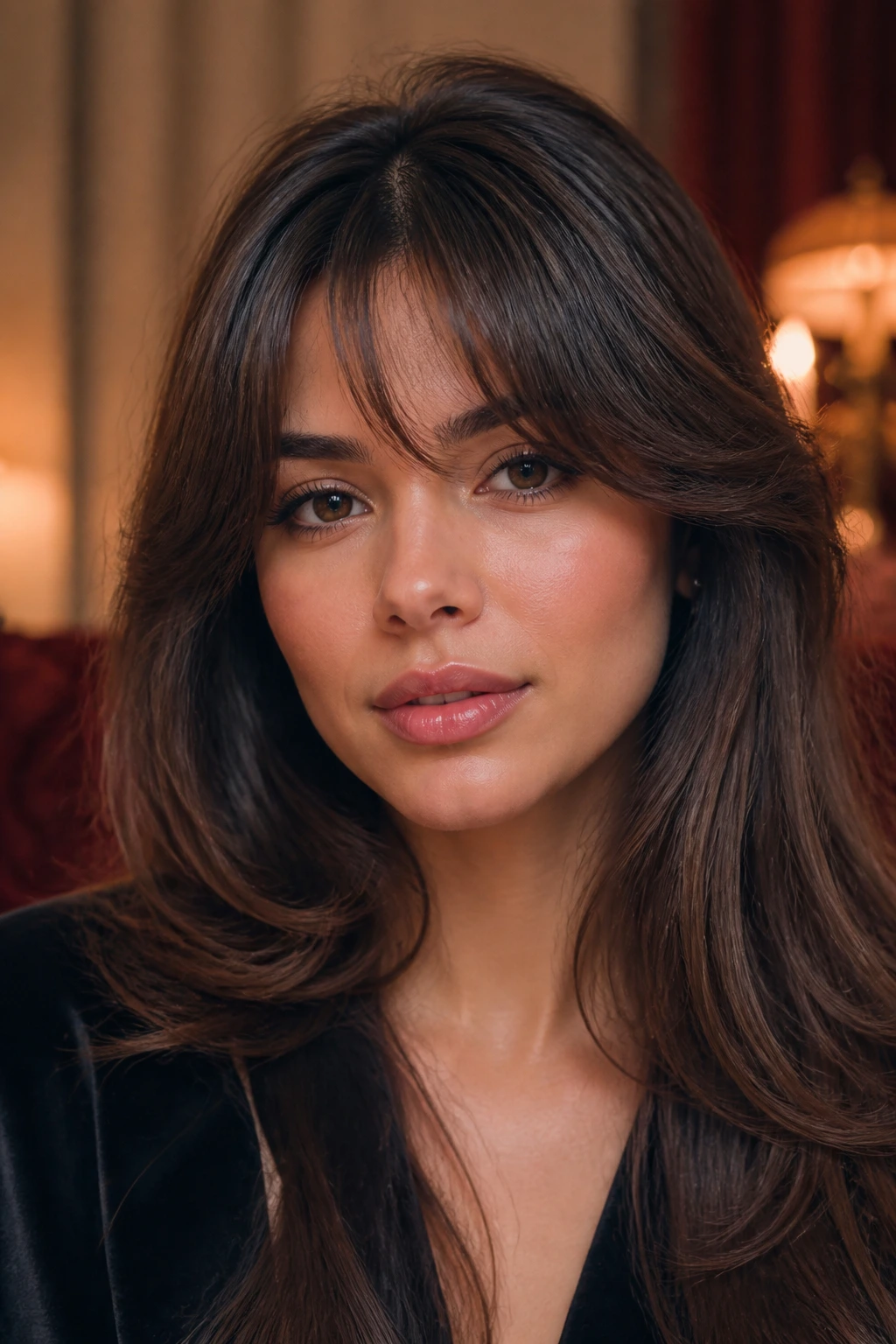 Close-up portrait of a real woman with glam bottleneck bangs and soft volume