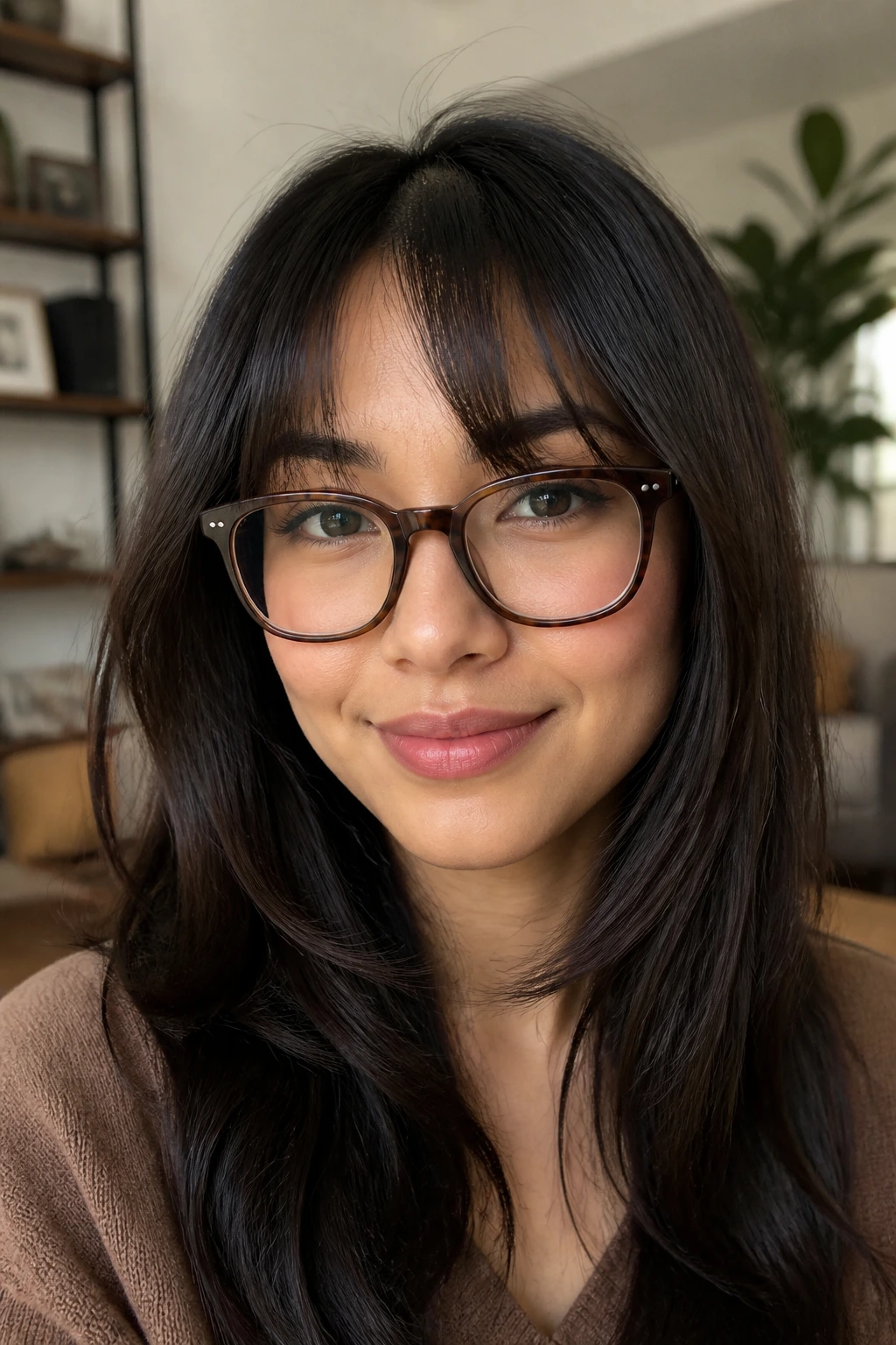 Portrait of a person with bottleneck bangs and glasses.