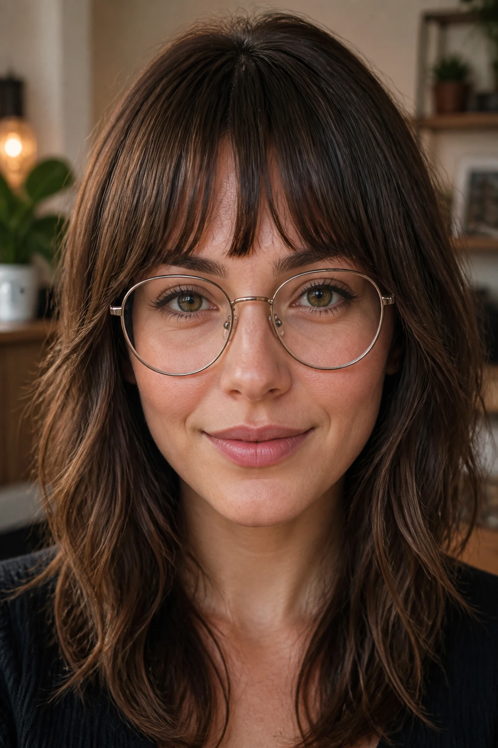 Close-up of a person with bottleneck bangs and glasses