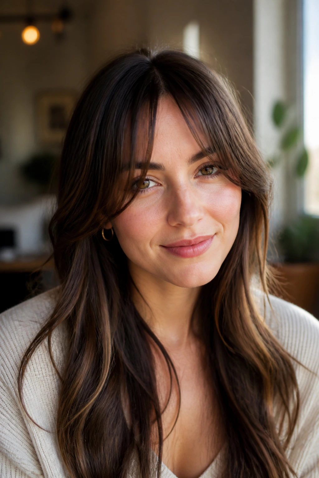 Close-up of a real woman with grow-out bottleneck bangs in soft window light