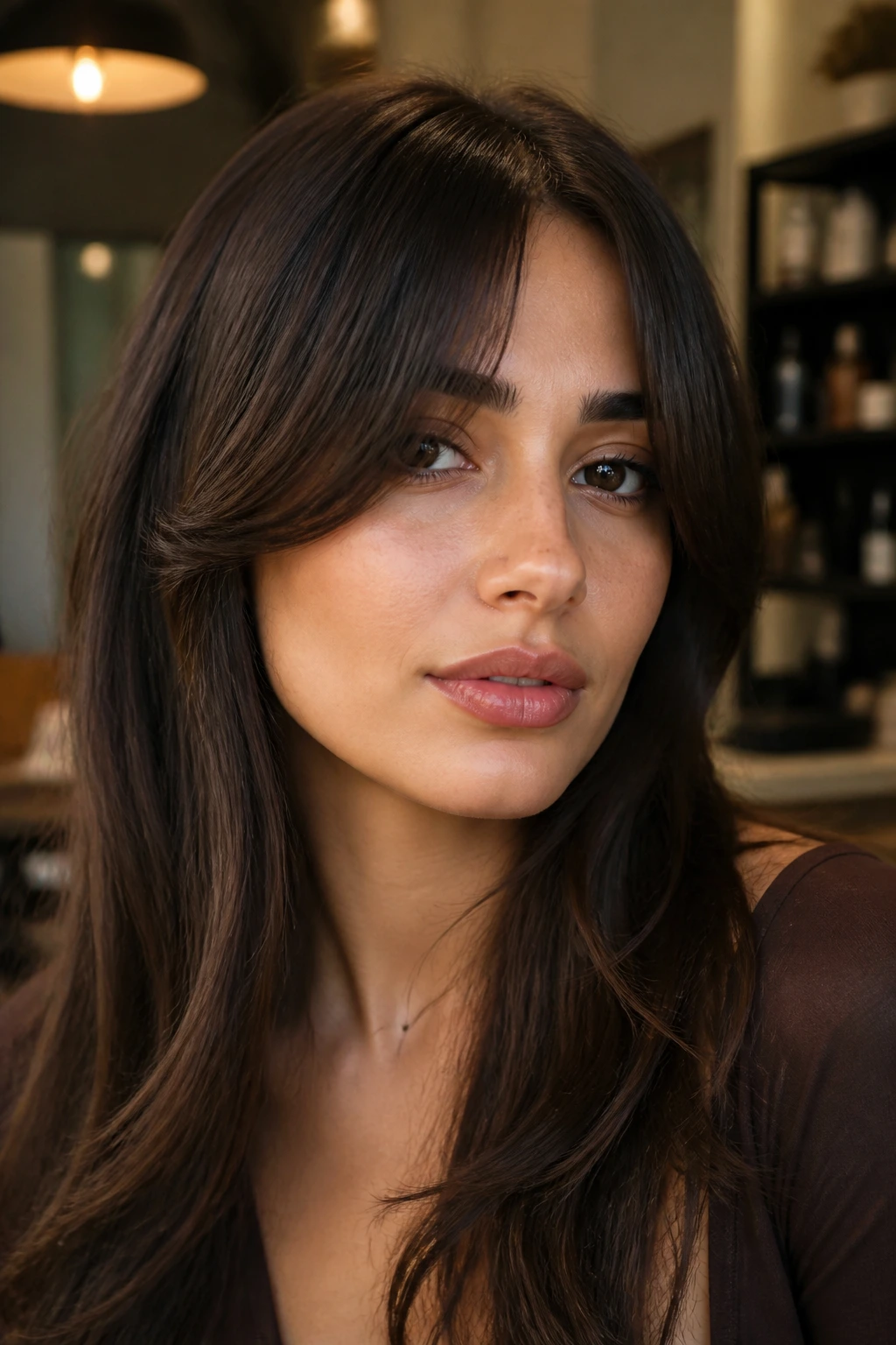 Close-up of bottleneck bangs on a real woman