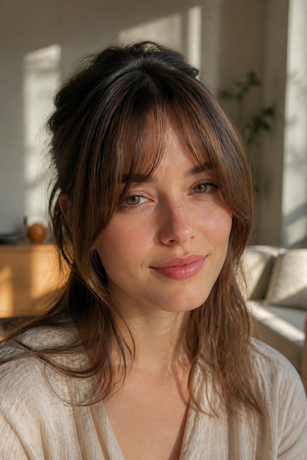 Close-up portrait of a real person with high-forehead bottleneck bangs showing center fullness.