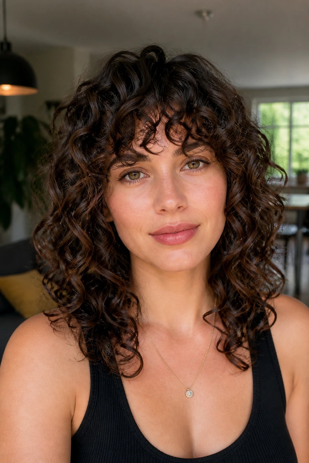 Portrait of a woman with bottleneck bangs featuring a longer center and connected temples