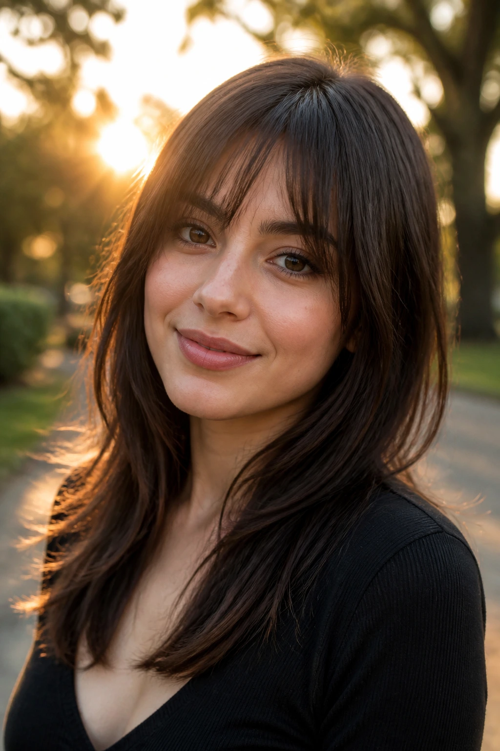 Close-up portrait of a real woman with jaw-skimming bottleneck bangs at golden hour